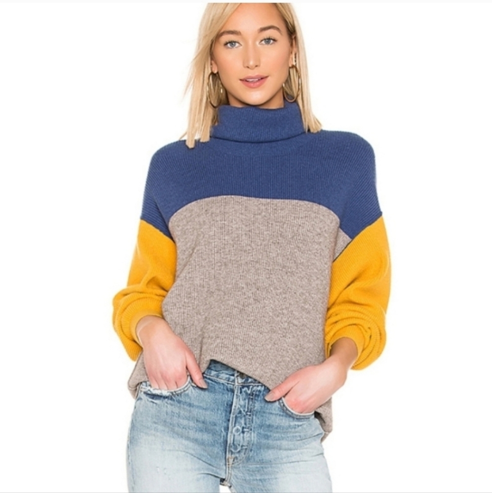 Free People Blue Gray Yellow Colorblock Oversized Turtleneck Sweater Size Large
